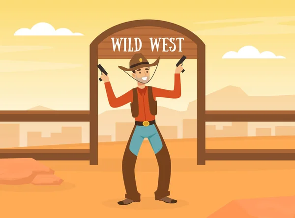 Wild West Concept, Cowboy Staande met Revolvers op Desert Landschap Vector Illustratie — Stockvector