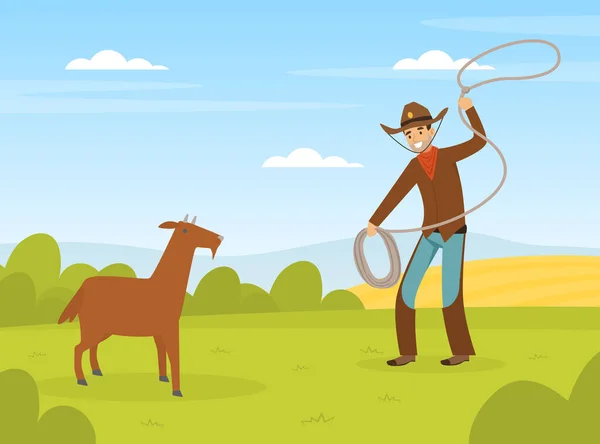 Carácter vaquero trabajando en granja, granjero macho siguiendo cabra con ilustración vectorial de Lasso — Archivo Imágenes Vectoriales