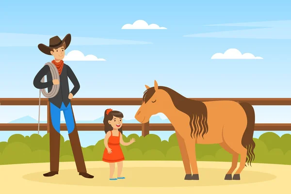 Personagem de cowboy trabalhando na fazenda, agricultor masculino e linda menina cuidando de cavalo de pônei na ilustração de vetor de paisagem de verão —  Vetores de Stock