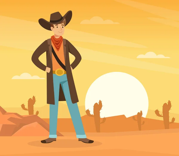 Scene of Wild West with Cowboy Standing at Sunset on Desert Landscape Vector Illustration — стоковий вектор