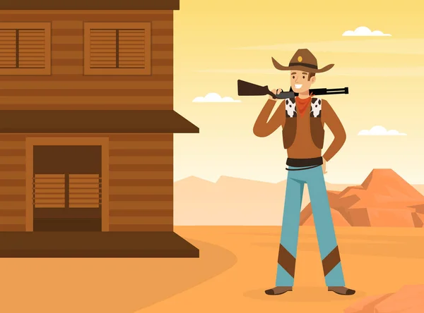 Концепция Дикого Запада, ковбой с винтовкой, стоящий у здания салуна на векторной иллюстрации пейзажа пустыни — стоковый вектор