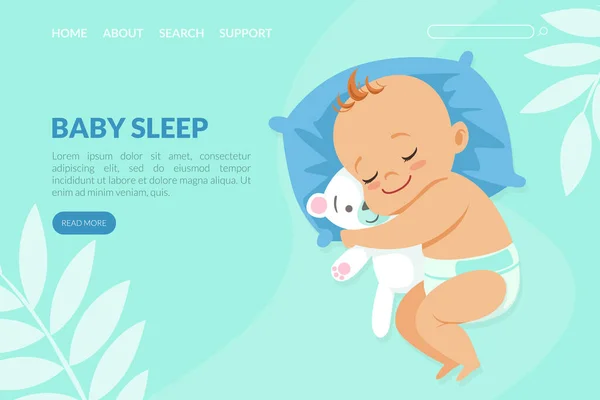 Plantilla de la página de aterrizaje del sueño del bebé, bebé adorable en el pañal que duerme en el Web site de la almohada, ilustración del vector del diseño de la página web — Vector de stock