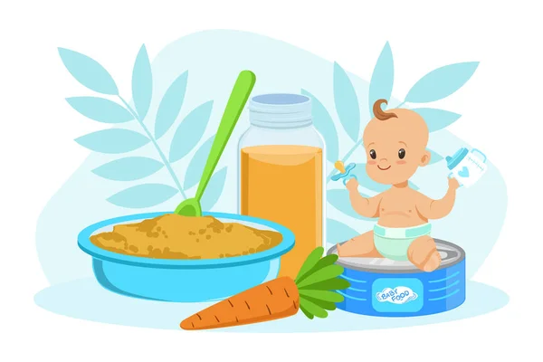 Sevimli, gülümseyen, yiyecekle gülümseyen küçük çocuk, bebek yiyen bebek menüsü taşıyıcısı illüstrasyonu — Stok Vektör