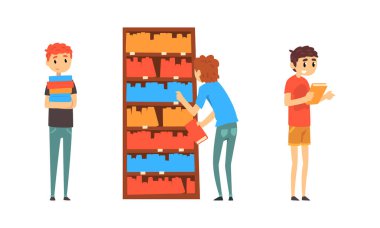 Halk kütüphanesinde kitap alan ve okuyan öğrenciler, Kitapçıda kitap seçen insanlar Çizgi Roman Vektör İllüzyonu