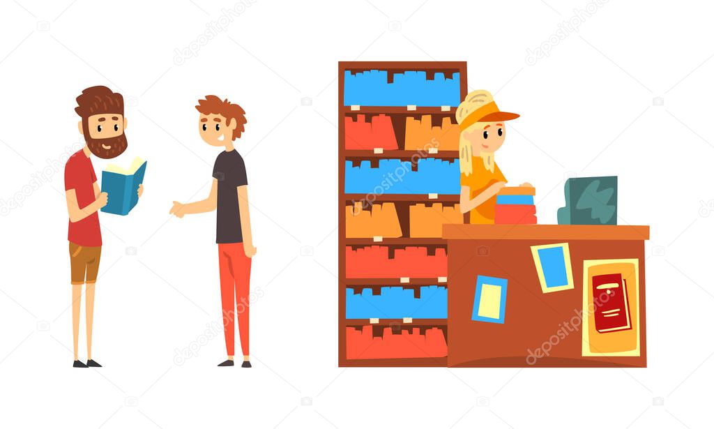 People Choosing and Bying Book in Bookstore Cartoon Vector Illustration