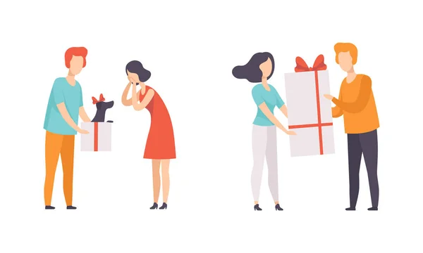 Pessoas dando presentes para seus entes queridos Set, Homem e mulher comemorando feriados Flat Vector Ilustração — Vetor de Stock