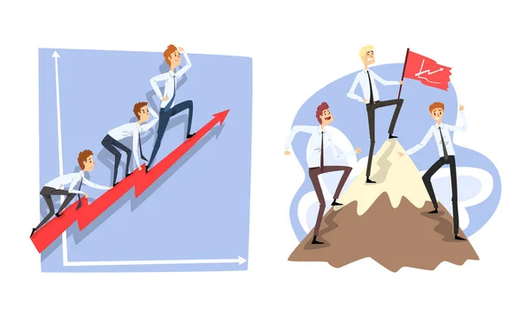 Business People Climbing up Mountain to Success, Career Ladder, Leadership, Challenge, Competition Cartoon Vector Illustration — Stockový vektor