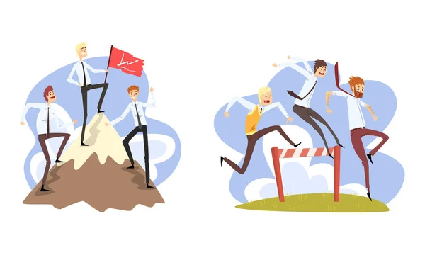 Business People Climbing up Mountain to Success and and Overcoming Obstacles Set, Career, Leadership, Challenge, Competition Cartoon Vector Illustration (dalam bahasa Inggris). - Stok Vektor