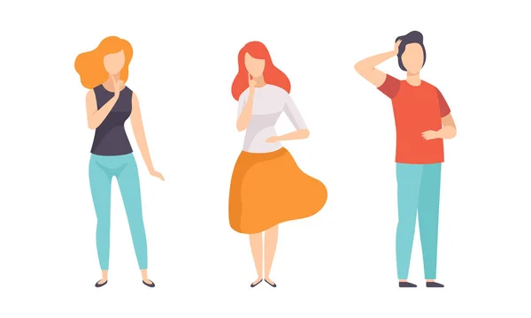 Thinking People Set, Men and Women Showing Different Gestures Flat Vector Illustration - Stok Vektor