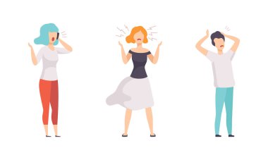 Öfkeli İnsanlar Seti, Öfkeli Saldırgan Erkek ve Kadın Karakterler Bağırıyor, Tehdit Ediyor, Tartışıyor ve Hareketli Düz Vektör Resimleri