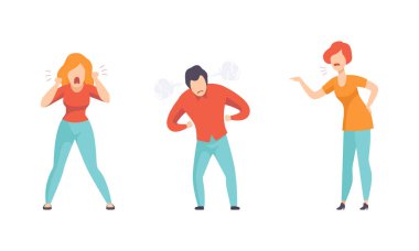 Saldırgan Öfkeli İnsanlar Seti, Öfkeli Erkek ve Kadın Karakterler Öfkeli Düz Vektör Çizimi