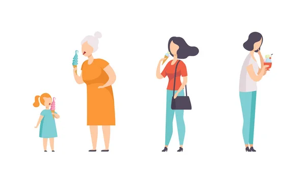 Pessoas comendo sorvete conjunto, pessoas felizes desfrutando de comer de deliciosas sobremesas plana Vector Ilustração —  Vetores de Stock