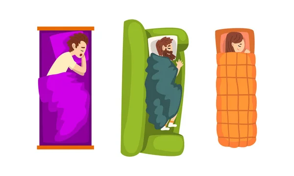 Set of People Sleeping in Beds, Top View of Men and Woman Slumbering at Night Cartoon Vector Illustration — 스톡 벡터