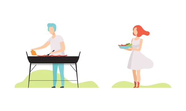 Set de personas cocinando Barbacoa, Familia haciendo picnic en patio trasero o parque plano Vector Ilustración — Vector de stock