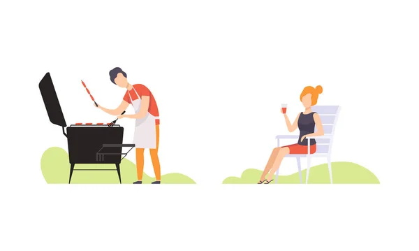 Familia Hacer un picnic en el patio trasero o parque, Hombre joven cocinar barbacoa, mujer beber vino plana Vector Ilustración — Archivo Imágenes Vectoriales