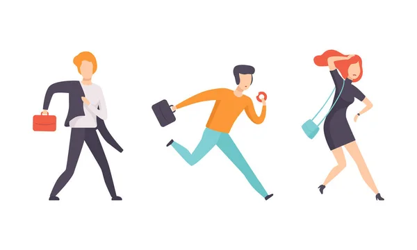 Set of Business People Running with Briefcase, Male and Female Persons Rushing in Hurry to Get on Time Flat Vector Illustration — Stock Vector