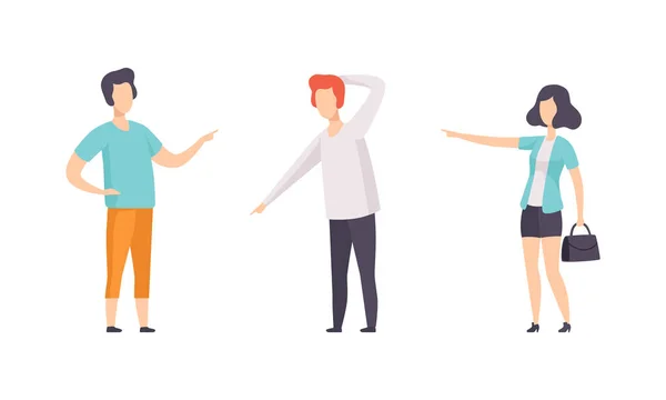 Set of People Pointing with their Forefingers, Young Man and Woman Gesturing with their Index Fingers Flat Vector Illustration - Stok Vektor