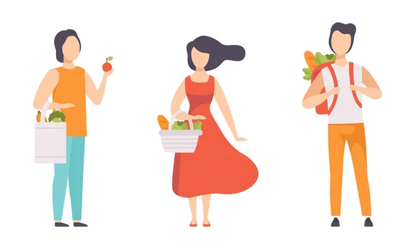 Personas Comprando Conjunto de Frutas y Verduras, Persona Comprando Comida Saludable, Concepto de Dieta Vegetariana Ilustración de Vectores Planos — Archivo Imágenes Vectoriales