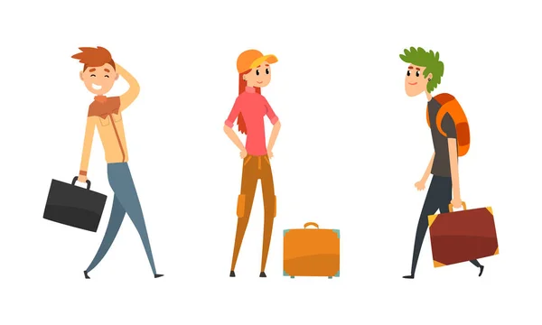 People Traveling Set, Laki-laki dan Perempuan Turis Karakter dengan Luggage Cartoon Vector Illustration - Stok Vektor
