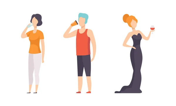 Conjunto de Personas con Varias Bebidas, Personajes Masculinos y Femeninos Beber Café, Agua y Vino Vector Plano Ilustración — Archivo Imágenes Vectoriales