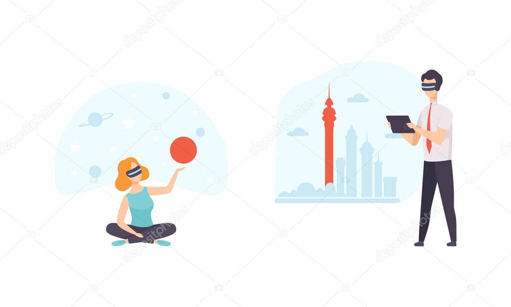 People Using Virtual Reality Technologies Set, Male and Female Characters Traveling Wearing Vr Glasses Flat Vector Illustration