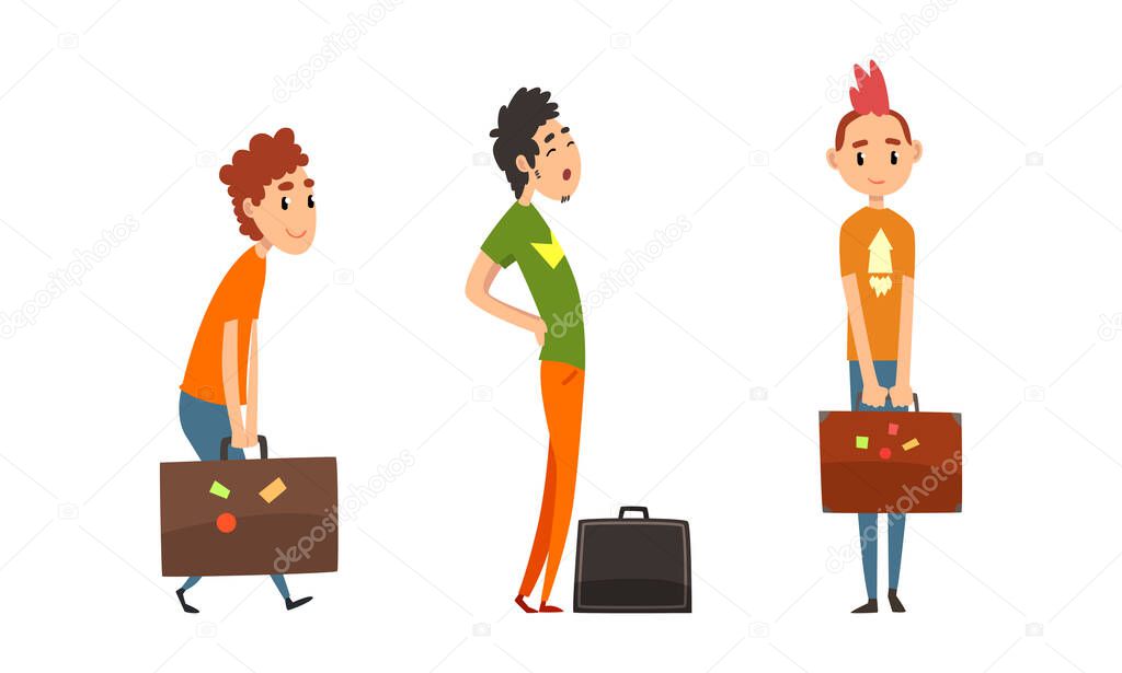 Set of Traveling People, Male Tourist Characters with Luggage Cartoon Vector Illustration