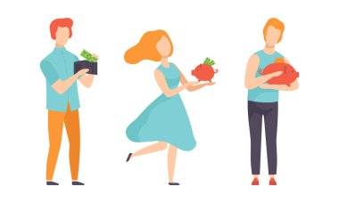 İnsanlar Birikimlerini Piggy Bank Set 'te, Tasarruf Tasarrufları Düz Vektör İllüzyonu