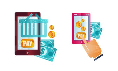 Çevrimiçi Ödeme Yöntemleri, E-ticaret Konsepti, Mobil Ödemeler, Elektronik Fon Aktarımları Sabit Vektör Resimleri