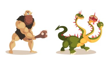 Ancient Mythical Creatures Set, Cyclops Caveman with Cudgel, Three Headed Dragon, Cartoon Vector Illustration clipart