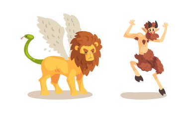 Ancient Mythical Creatures Set, Satyr Faun, Winged Lion Cartoon Characters Vector Illustration vector Ancient Mythical Creatures Set, Satyr Faun, Winged Lion Cartoon Characters Vector Illustration vector