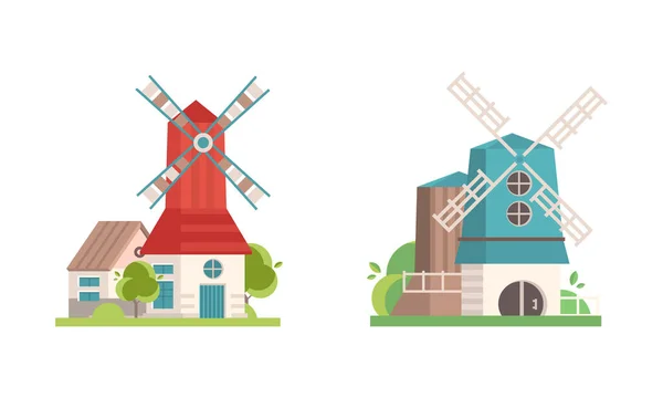 Set aus Retro-Stein und Holzmühlen, Alte Windmühle Ländliche Gebäude Cartoon Vector Illustration — Stockvektor