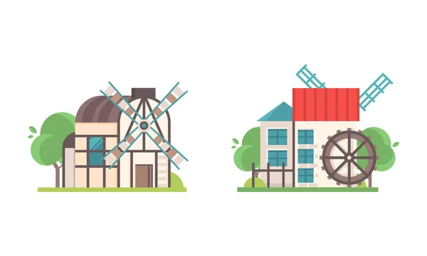 Set von alten Stein- und Holzmühlen, Alte Windmühle Ländliche Gebäude Cartoon Vector Illustration — Stockvektor