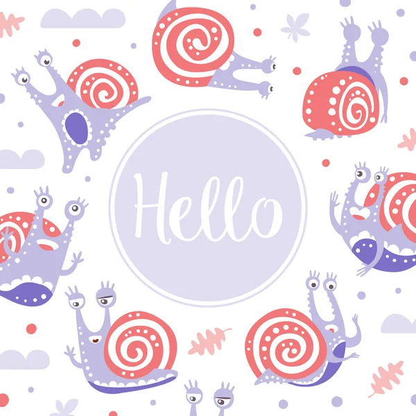 Hello Card con carácter de caracol lindo como Gastropod con plantilla de vector de Shell en espiral — Vector de stock