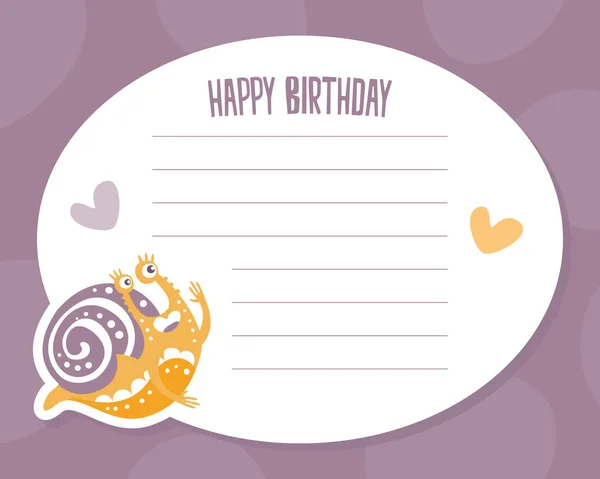 Tarjeta de cumpleaños feliz con carácter de caracol lindo como Gastropod con plantilla de vector de Shell en espiral — Archivo Imágenes Vectoriales