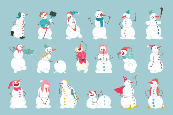 Set Leuke Kerst Sneeuwman Karakters, Grappig Gelukkig Sneeuwpoppen Activiteit Vector Illustratie — Stockvector