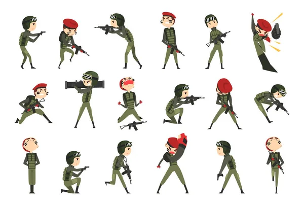 ( 영어 ) Army Soldiers in Action Set, Army Man Character in Green Uniform and Cap in Various Poses and Face Expressions ( 영어 ) Cartoon Vector Illustration — 스톡 벡터