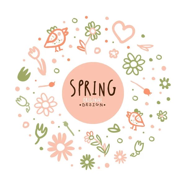 Tender voorjaar hand getrokken bloemen in cirkel vector Arrangement — Stockvector