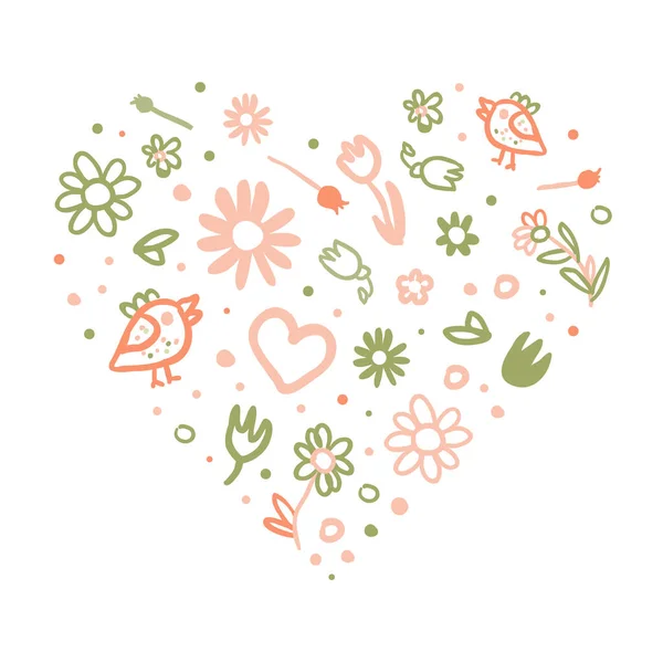 Tender Spring Hand Drawn Flowers in Heart Vector Arrangement — Stock Vector