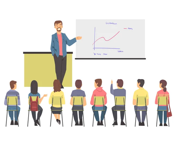 Halkla Eğitim Karakterleri Sıraya Oturup Erkek Eğitmen 'i Flipchart Vektör Resimlerinde Grafik Gösterirken Dinliyor — Stok Vektör