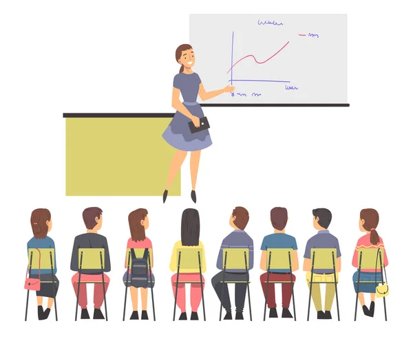 Sırada oturan Karakterlerle Eğitim Kadın Eğitmeni Flipchart Vektör Resimlerinde Grafik Gösterirken Dinliyor — Stok Vektör