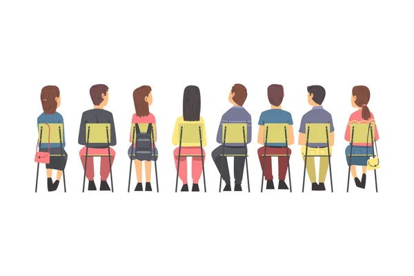 Treinamento com personagens de pessoas sentadas em fileira em cadeiras Ouvindo Back View Vector Illustration —  Vetores de Stock