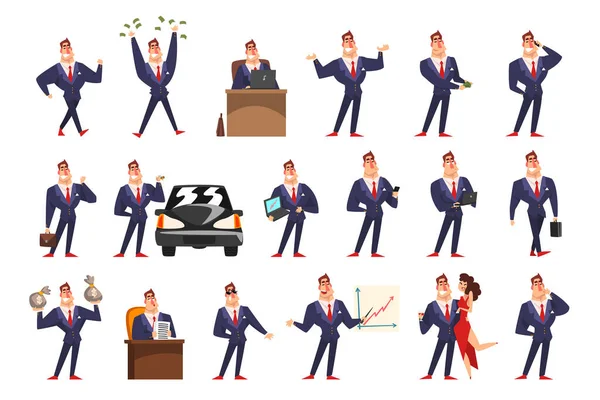 Bohatý podnikatel, milionář, finančně úspěšný podnikatel Charakter aktivity Set Cartoon Vector Illustration — Stockový vektor