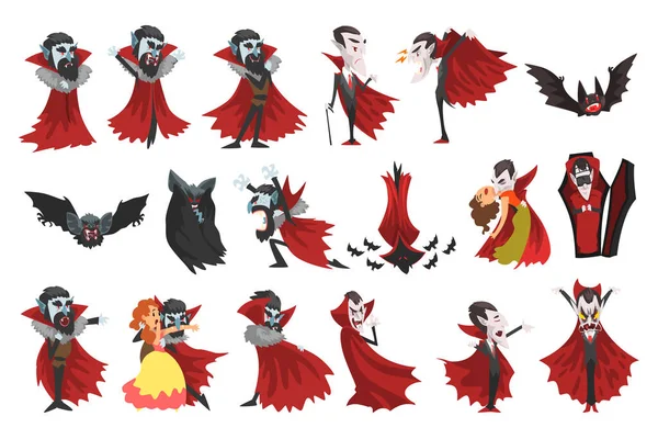 Conde Drácula con Cabo Rojo, personajes de Halloween en trajes de carnaval Dibujos animados Vector Ilustración — Archivo Imágenes Vectoriales