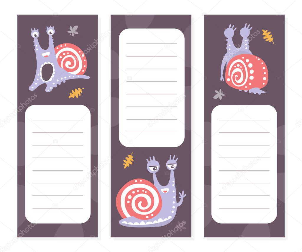 Lined Cards with Cute Snail Character as Gastropod with Coiled Shell Vector Template