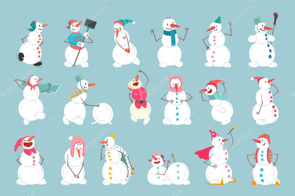 Set Cute Christmas Snowman Characters, Funny Happy Snowmen Activity Vector Illustration