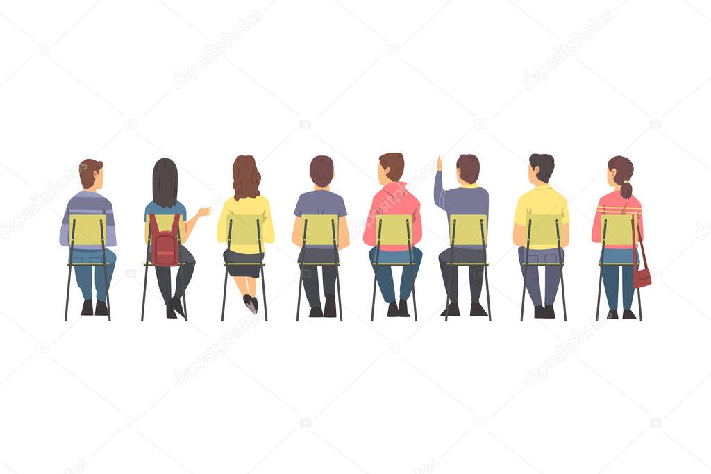 Training with People Characters Sitting in Row on Chairs Listening Back View Vector Illustration