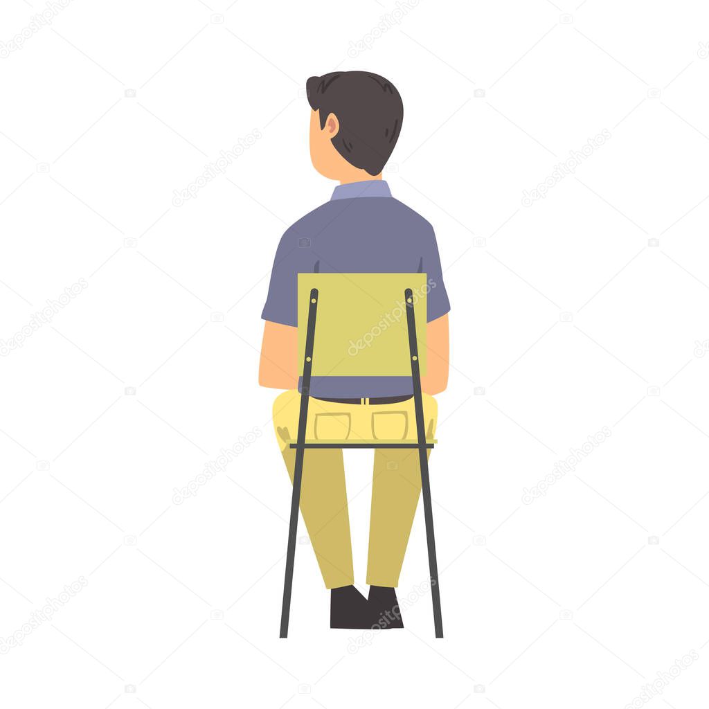 Young Man Sitting on Chair Having Training Course Listening to Lecturer Back View Vector Illustration