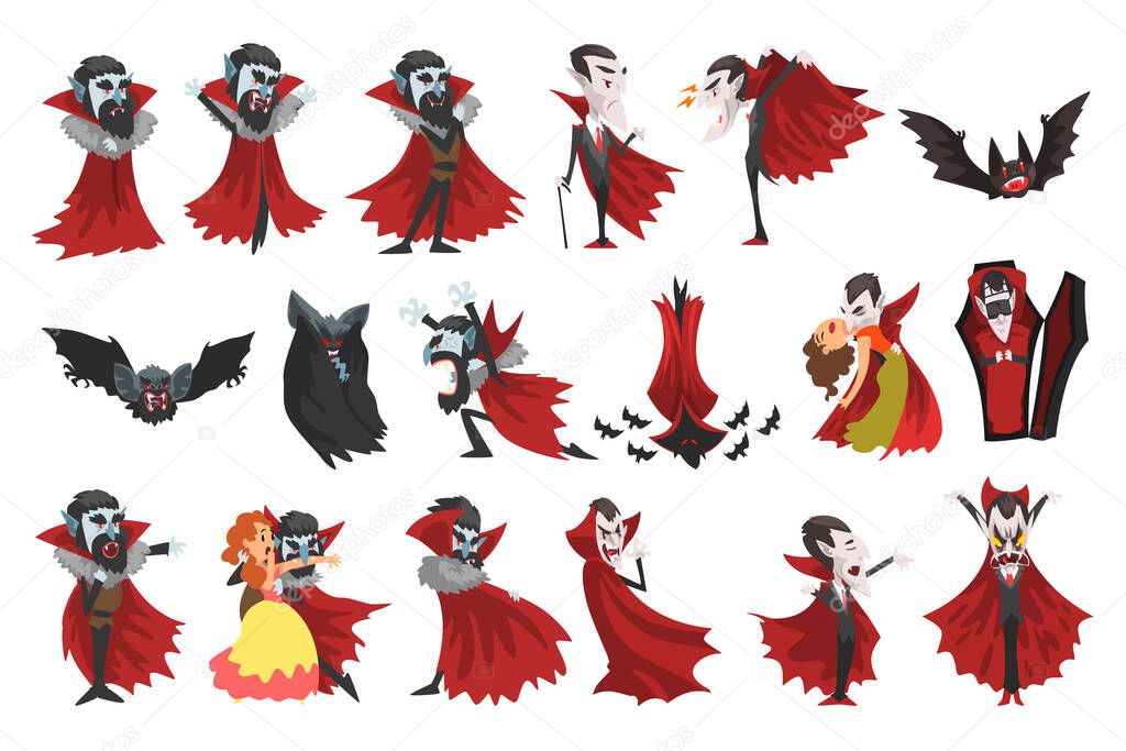 Count Dracula Wearing Red Cape, Halloween Characters in Carnival Costumes Cartoon Vector Illustration