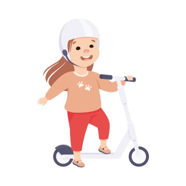 Miğferli Kız, Scooter 'ı Tekmeleyip Yer Vektörü Resimlerinden Atlıyor