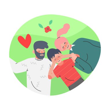Mutlu Aile Anne, Baba ve Küçük Oğul Çemberin Üzerinde Yeşil Çimlerde Uzanıyor Görüntü Vektörü İllüzyonu